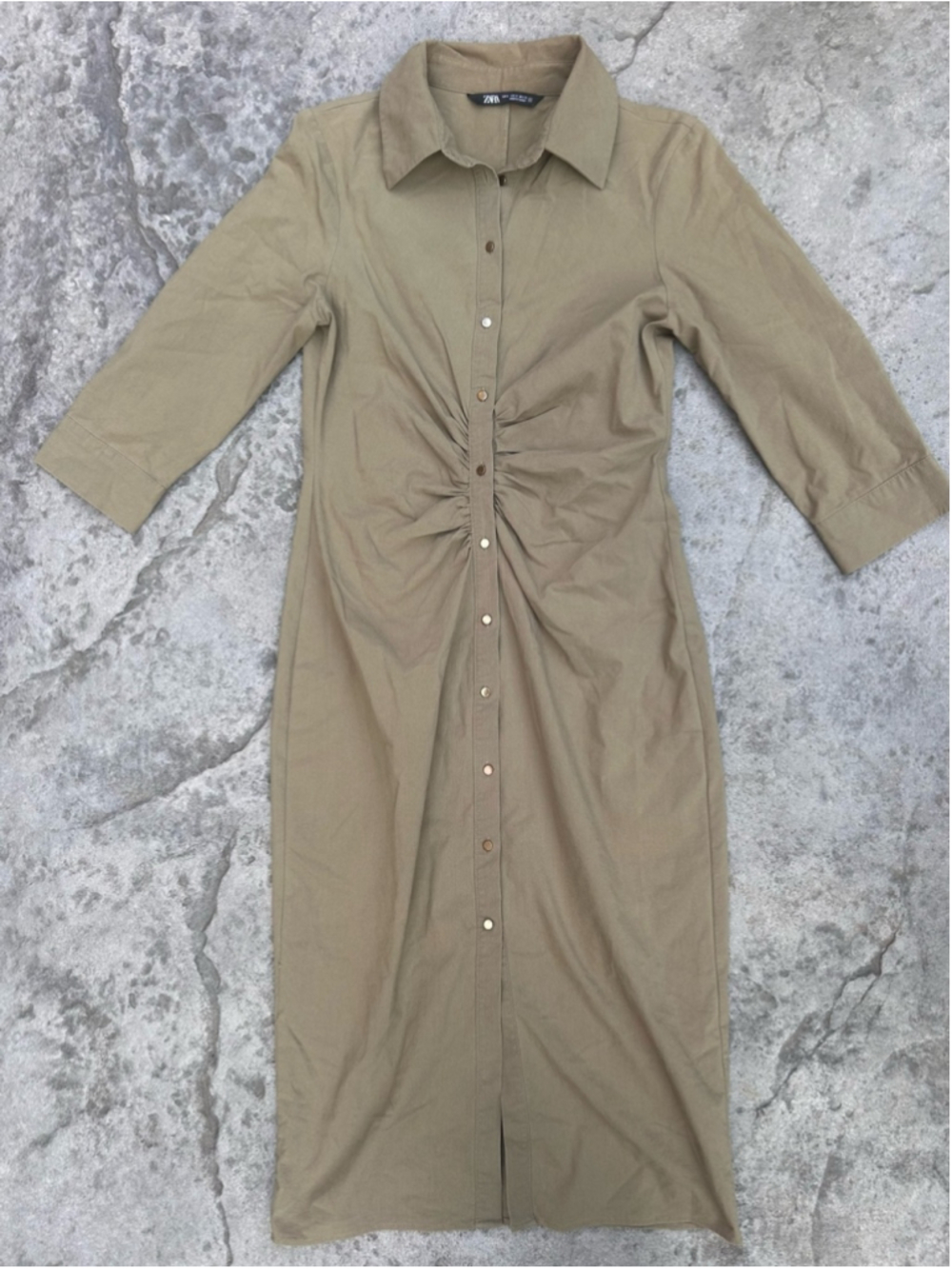 Zara Khaki Ruched Shirt Midi Dress Size M - Picture 8 of 8